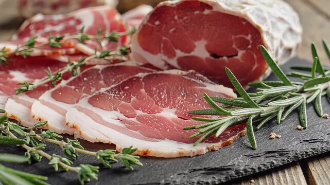 Closeup of Cured Meat Slices with Fresh Herbs on a Slate Board.