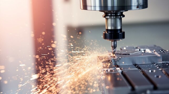 Automated cnc milling machine cutting a metallic workpiece, bright sparks and chips flying as precision machining highlights modern industrial automation and manufacturing technology