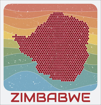 Zimbabwe vintage logo. Hexagon dots shape of the country on retro colored stripe waves background. Zimbabwe map design with grunge scratch texture. Vector Illustration.