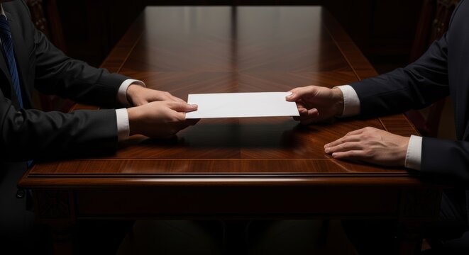 Illegal transaction showing men in suits passing a white envelope containing confidential documents.