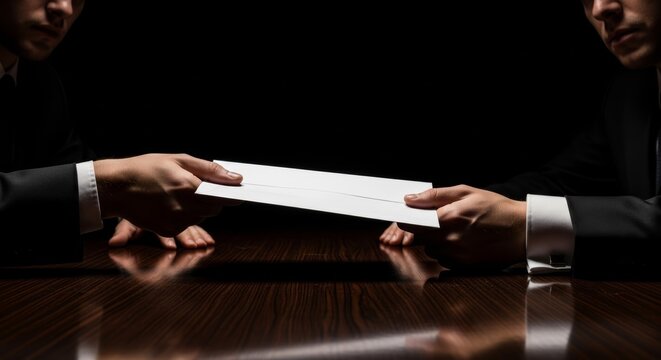 Close up of hands passing a white envelope between two men in suits symbolizing corruption and blackmail.