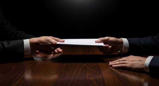 Secret exchange of a white envelope between men in suits sitting in a dark and moody room.