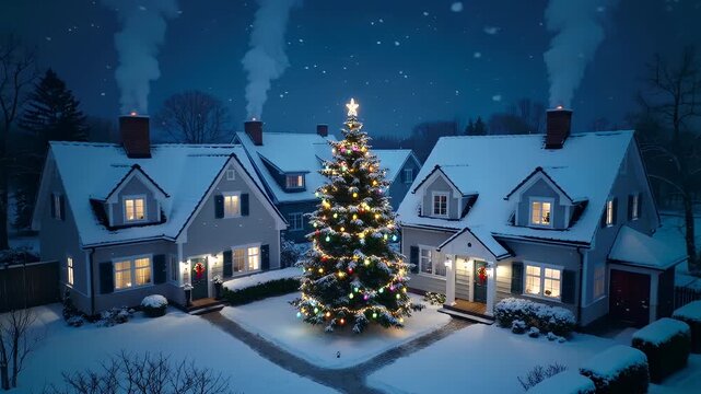 Bright lights fill the snowy homes during Christmas time under the night sky in a winter season setting