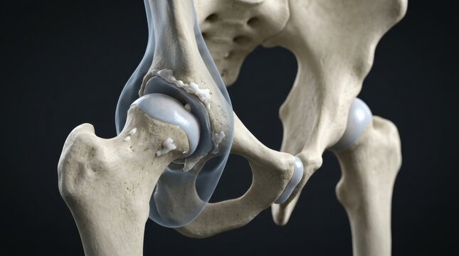 Hip joint pathology is displayed with clear details of bones and joint structures important for veterinary diagnosis and treatment planning.
