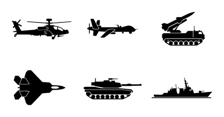 Military Aircraft, Drone, Missile Launcher, Fighter Jet, Tank, and Warship Silhouettes. Vector Icons for Defense and Security Concepts. © Abu