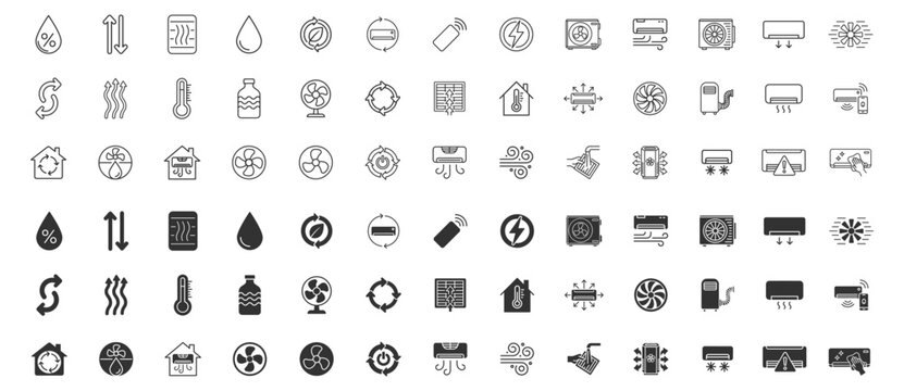 Set of air conditioning, ventilation, heating and climate control line and glyph icons, HVAC icons collection on transparent background