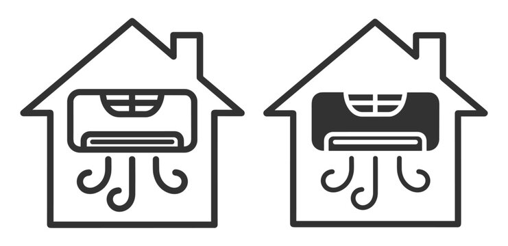 air conditioner unit inside house icon set line and solid style house cooling system on transparent background