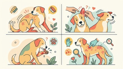 Obraz premium Illustration shows a dog experiencing allergy symptoms. Vet examines the dog and treats the affected areas. Various symptoms are displayed.