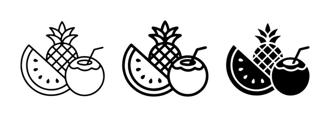 Tropical Fruit Icons Set: Pineapple, Watermelon, Coconut Drink, Summer Refreshment, Vector Graphics for Healthy Lifestyle and Beach Themes © Mahmudul
