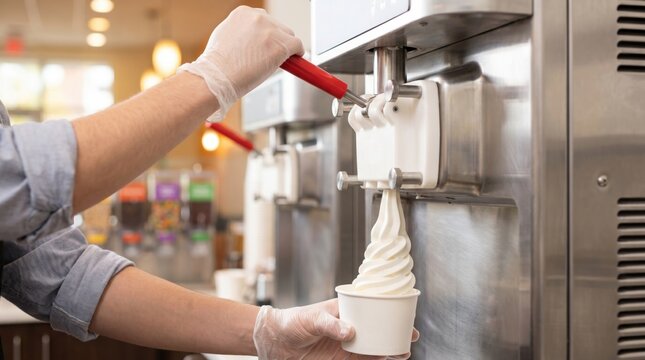 Worker pulling lever of machine to serve vanilla soft serve ice cream into a cup
