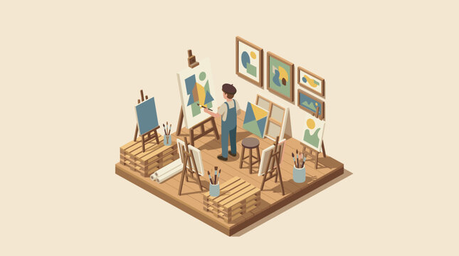 Isometric view of a dedicated artist in their creative studio space craft and art at work