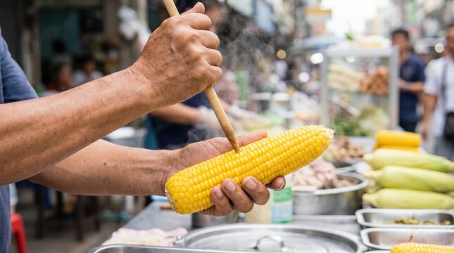 Street food vendor skewering a boiled yellow ear of corn on a wooden stick