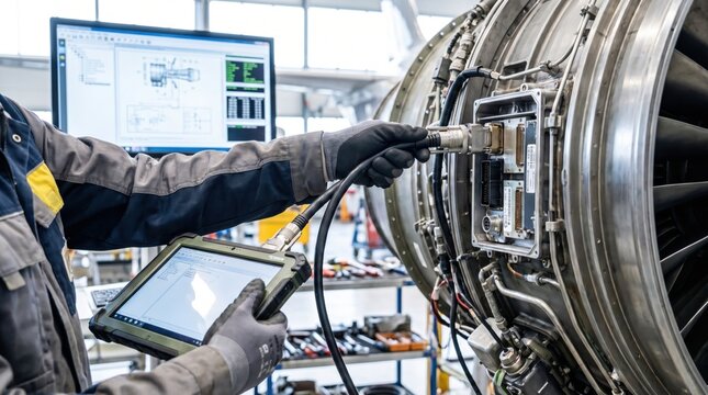 Aviation technician using a rugged diagnostic tablet connected to an airplane jet engine