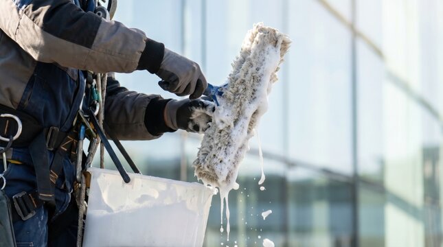 High rise window cleaner using a soapy mop on the glass facade of a modern building