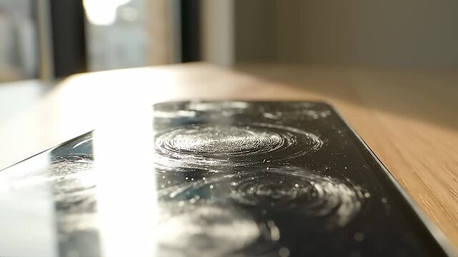 Smartphone lies on wooden table with smudged screen and light reflections. Neutral indoor setting with natural light. Concept of technology, electronics, mobile phone accessories