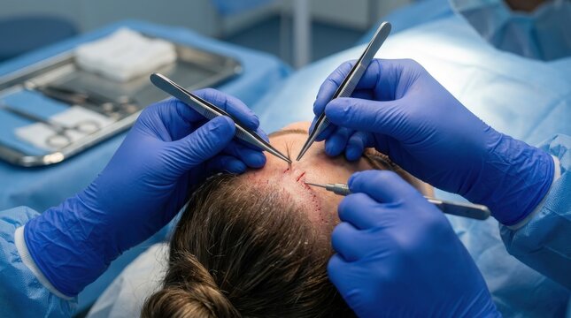 Surgeon team performing hair restoration surgery on patient scalp