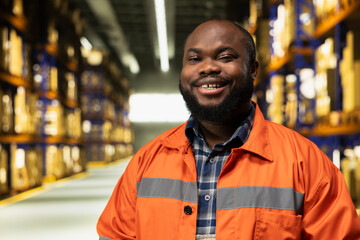 Fototapeta premium Portrait of african american staff organizing storage racks with parcels. Distribution center operations integrating package tracking, inventory management to support transportation efficiency.