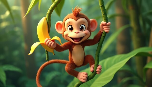 Cute cartoon monkey hangs on vine branch holding banana. Small primate swings in green jungle foliage. Funny ape character eats fruit, plays in forest.
