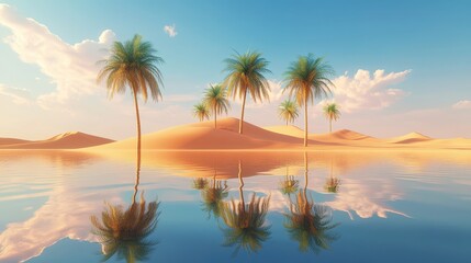 Obraz premium Vibrant Palm Trees Reflecting in Desert Oasis Water Under a Serene Blue Sky