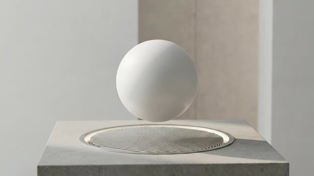 Floating white sphere over a circular vent, clean abstract minimal scene with elegant balance and soft industrial influence, modern background for branding or product display use, subtle shadow,