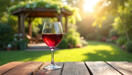 Obraz premium Glass of red wine sits on a wooden table. Rich green garden with gazebo in background. Bright sun shines through leaves, casting shadows. Peaceful outdoor setting invites relaxation. Perfect moment.