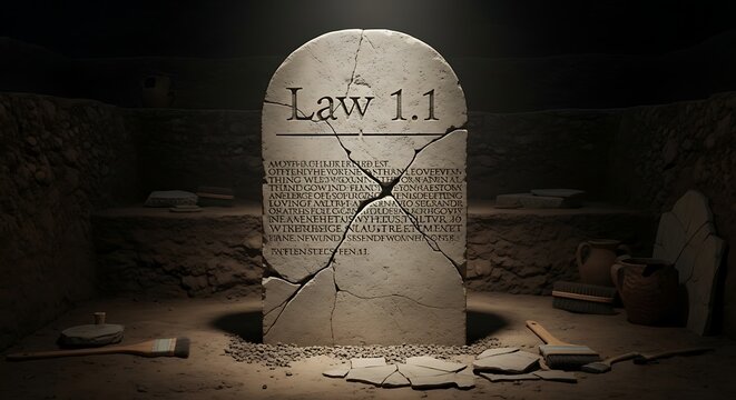 Cracked Ancient Stone Tablet Standing Under Spotlight in Dark Archaeological Chamber