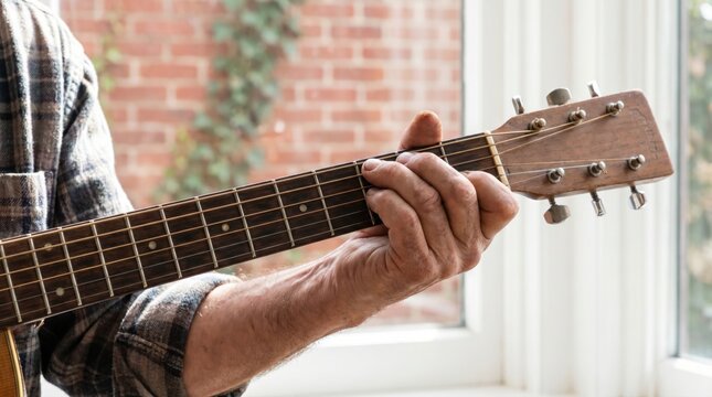 Close up of a man hand holding the neck of an acoustic guitar and playing a chord