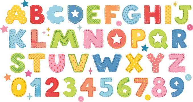 Cute patchwork alphabet and numbers set. Colorful stitched fabric letters for kids education and nursery design.