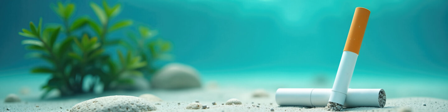 Cigarette butts submerged underwater on a sandy floor. Marine pollution and environmental conservation concept for No Tobacco Day. Copy space for text