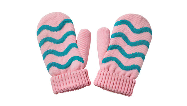 Isolated warm knitted pink mittens with turquoise wavy pattern ready for winter protection