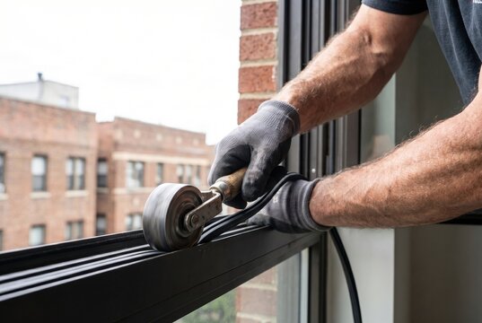 Hands of a worker using a spline roller tool to press rubber weather stripping into a window frame