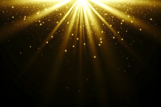 Golden light rays and sparkling dust on black background