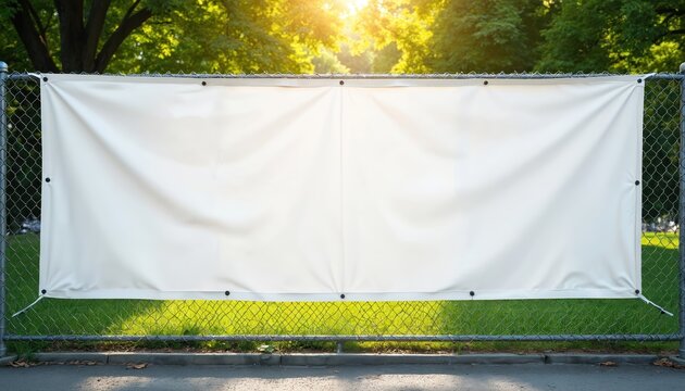 White vinyl banner hangs on chain-link fence in park. Sunlight shines through green trees behind blank advertising space. Ready for custom graphic design.