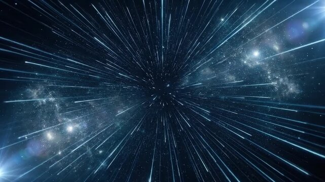 Abstract space background with stars stretching into light speed lines, cosmic motion concept, futuristic universe backdrop, deep blue and white streaks, dramatic perspective, realistic celestial
