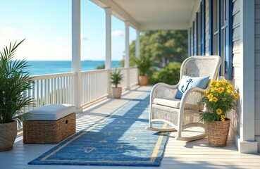 Obraz premium White wicker rocking chair on coastal home porch with blue nautical runner rug overlooking sea. Comfortable porch with plants, ottoman, bright sunny day scene.