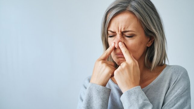Mature woman experiencing discomfort with fingers pressing nose, feeling facial pain and pressure from sinus issues, rhinitis, or allergy symptoms
