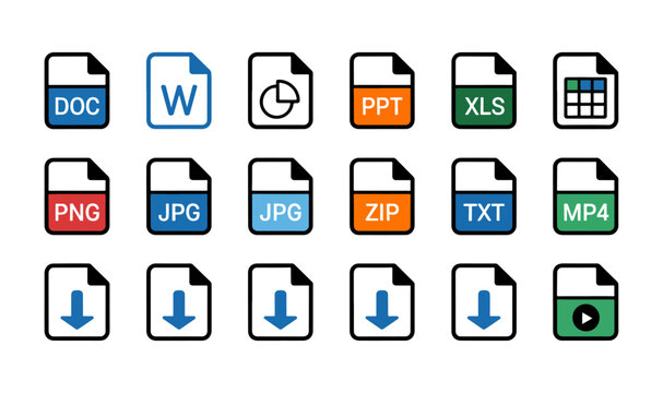 icon set for file types. Format, download, text, image, folder, document symbol on white background, PDF, DOC, PPL, XLS, PNG, JPG, stock vector.