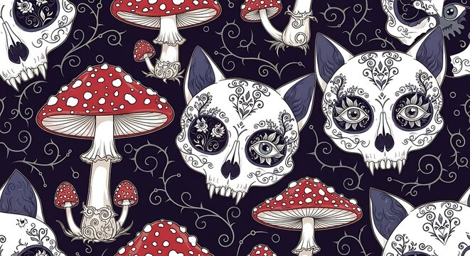 Ornate Cat Skull and Red Mushroom Pattern on Dark Decorative Background