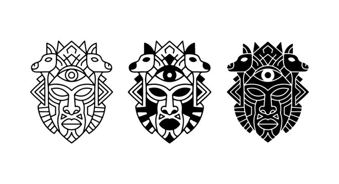 Tribal Mask Icons, Ethnic Face Symbols, Ancient Culture Art