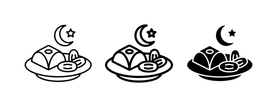 Ramadan Food Icons, Islamic Dessert Plates, Crescent Moon Symbols