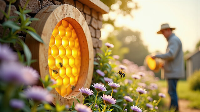 Circular wooden honeycomb structure glowing in a garden. Flying bees and purple flowers with a beekeeper working in the background. World Bee Day concept