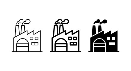 Naklejka premium Factory Icons Set: Industrial Building Vector Graphics, Manufacturing Plant Symbols