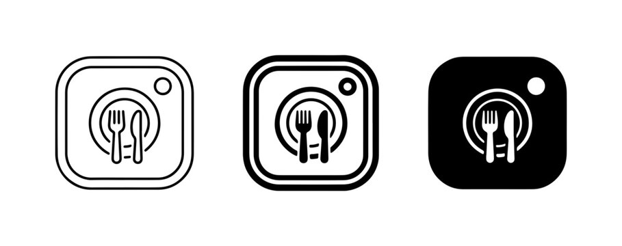 Food Photography Icons: Plate, Fork, Knife, Camera Lens, Social Media