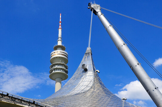 MUNICH,  GERMANY : Tower of stadium of the Olympiapark in Munich, Germany, is an Olympic Park which was constructed for the 1972 Summer Olympics 