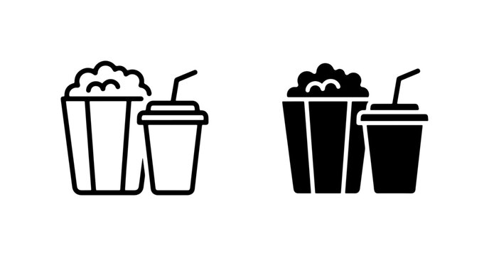 Cinema Snack Icons: Popcorn Bucket and Drink Cup Vector Set