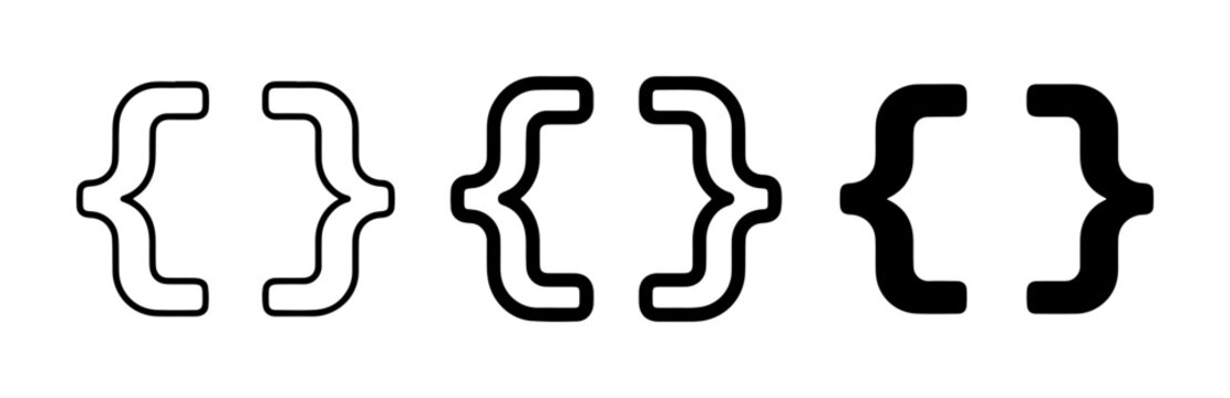 Curly Braces Set, Mathematical Symbols, Programming Code Brackets, Outline and Solid Styles, Vector Icons for Design