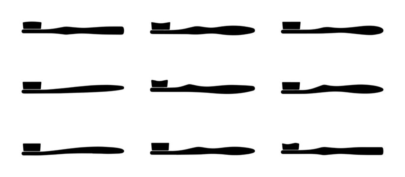 Collection of Black Toothbrush Silhouettes, Dental Hygiene Icons, Oral Care Tools, Simple Vector Graphics for Health and Wellness Concepts