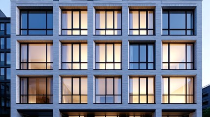 Fototapeta premium Modern apartment building facade featuring a grid of large windows, some reflecting sky and others revealing warm interior lights, creating a contemporary urban design pattern