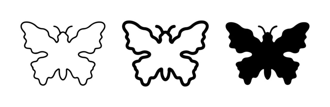 Butterfly Icons Set, Simple Outline and Silhouette Vector Graphics for Nature and Insect Themes, Graphic Design Elements