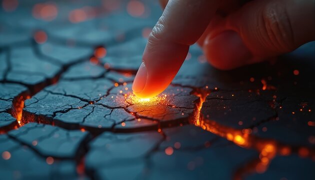 Fingertip touches glowing digital fragment on cracked dark surface. Sparks fly, creating abstract tech art. Future innovation, interaction, digital world concept.